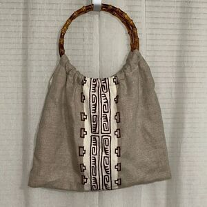 Maya Bags Linen Ivory Brown Hand Embroidered Round Bamboo Handle Bag